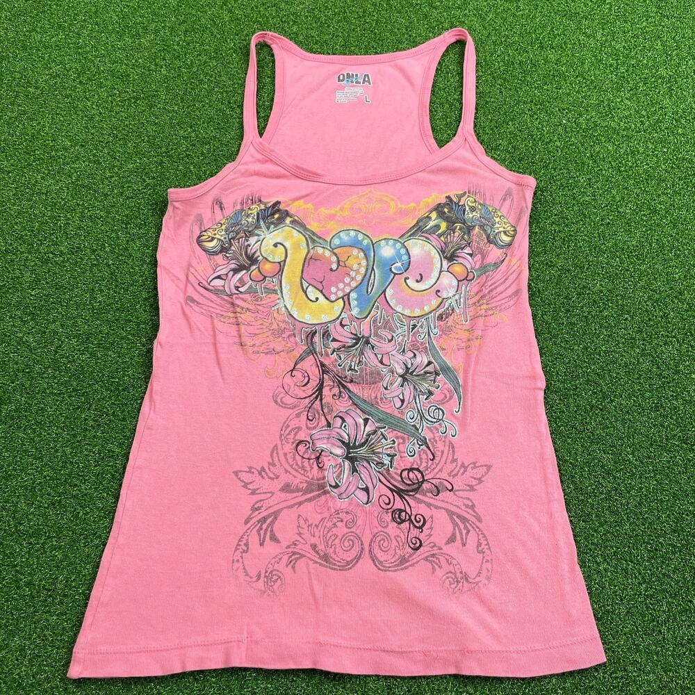 Vintage Y2K DNLA Sport Love Floral Graphic Grunge Hot Pink Tank Top Sz L